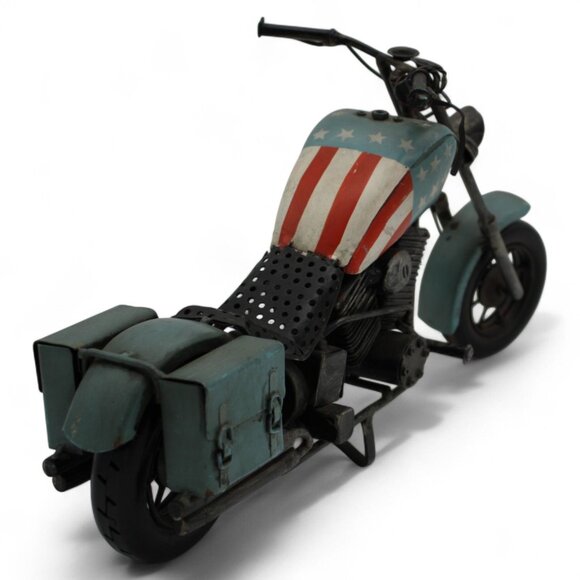 Vintage Metal Motorcycle Model With American Flag Design & Saddlebags - Picture 5 of 8